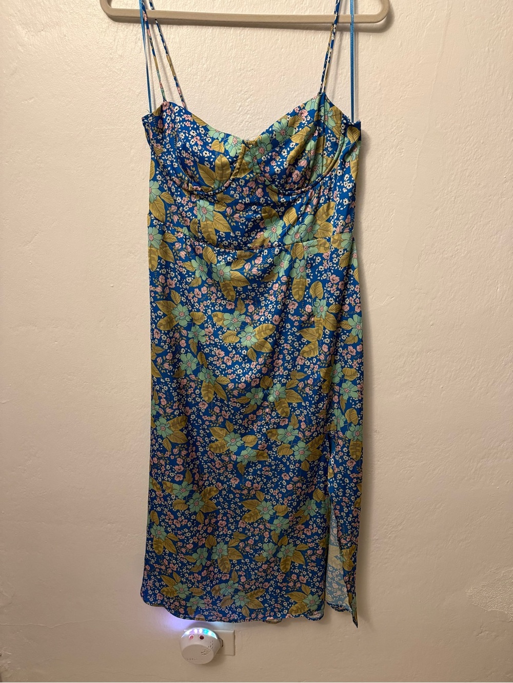 Astr Blue Floral Midi Slip Dress with Green & Yellow Leaves